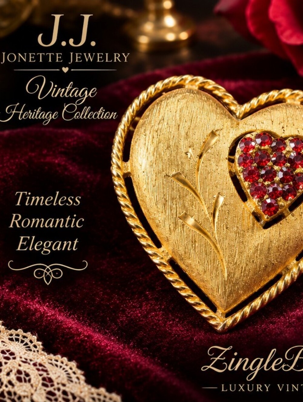 Vintage JJ Jonette Gold Tone Heart Brooch Red Rhinestone Floral Pin
